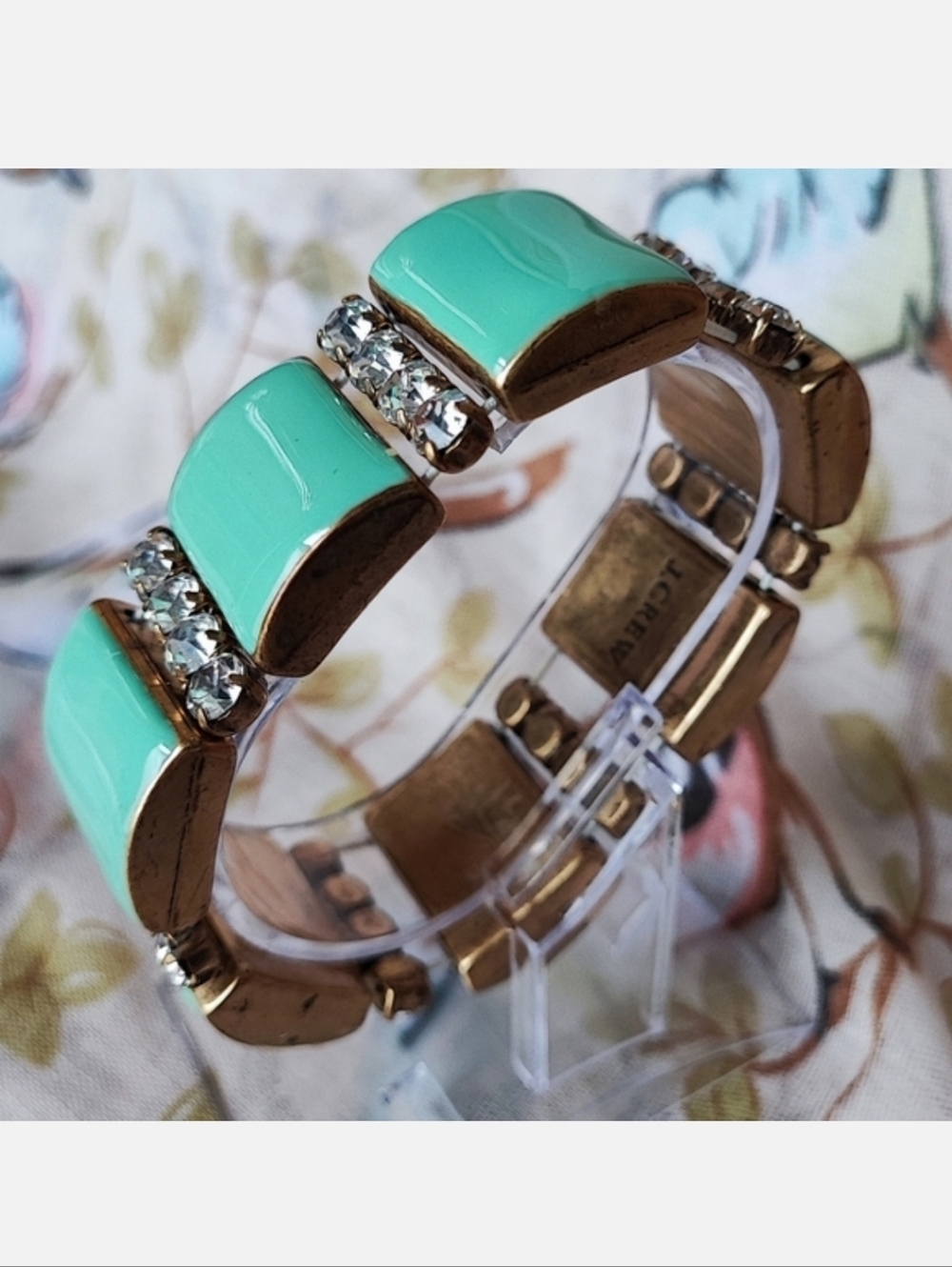 J. Crew Signed Light Jade Color Enamel Stretch Bracelet Oxidized Brass
